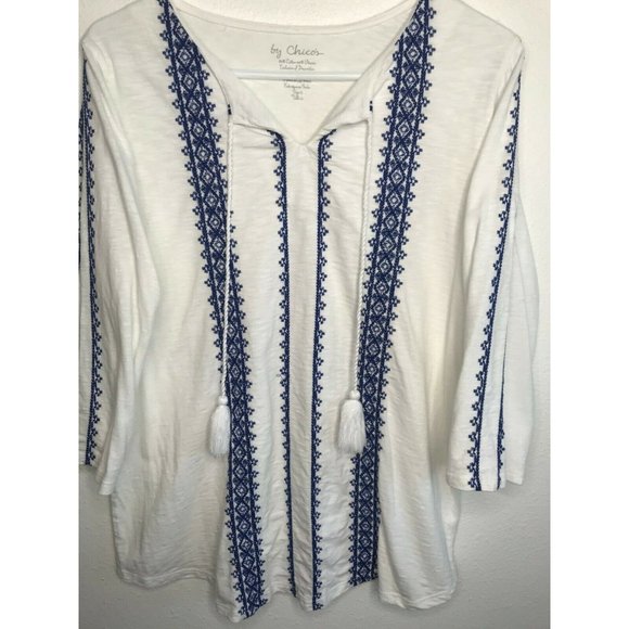 Chicos Embroidered Boho Top 3/4 Sleeve Peasant - Picture 3 of 6